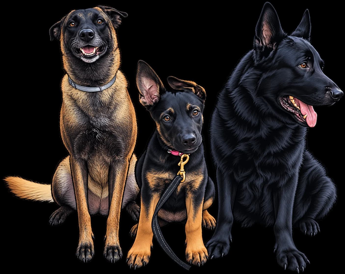 Illustration of three dogs sitting together